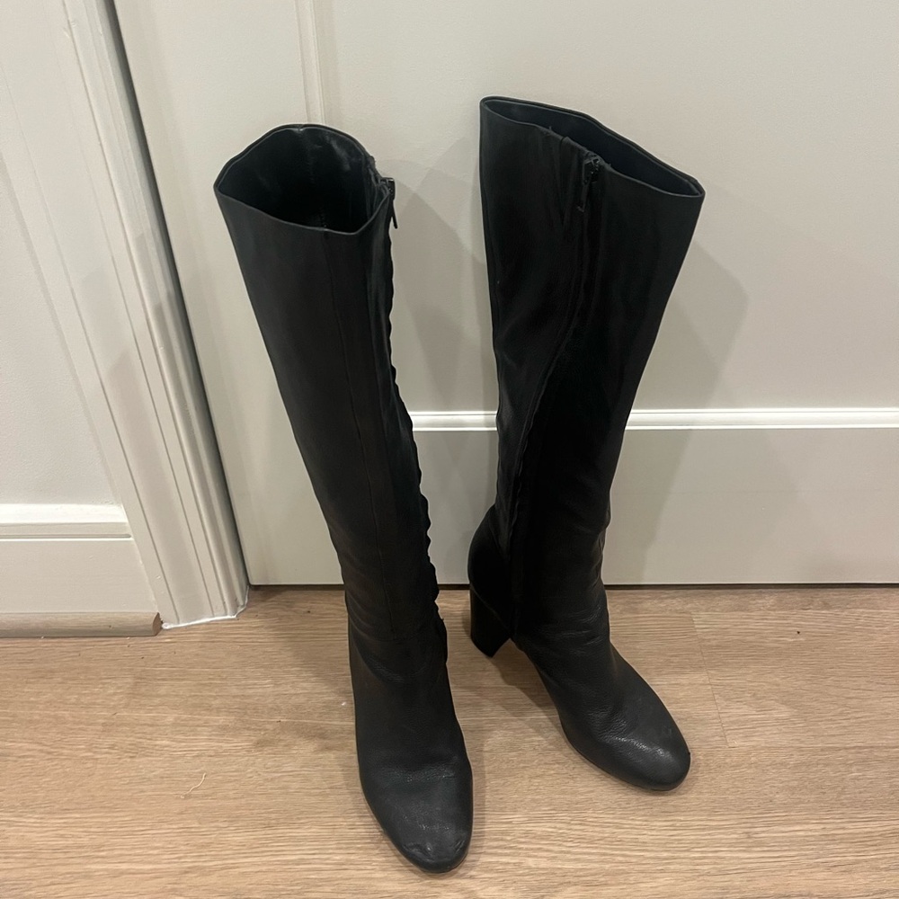 VINCE Black tall leather block heel boots